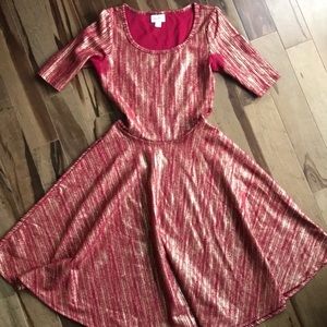 LulaRoe Nicole Red‎ Gold Dress XS EUC